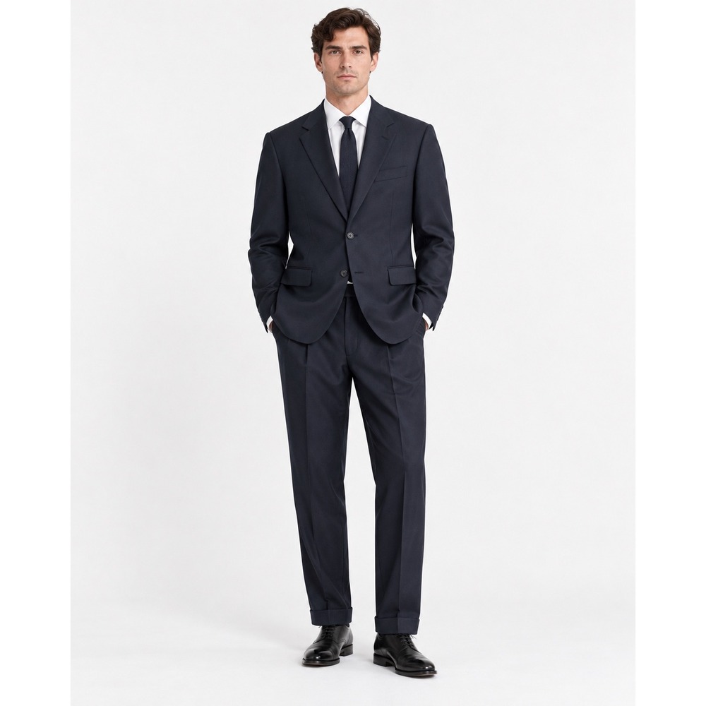 Lands' End Men's 46L Navy Blue Suit Set Wool Blend Pleated Cuffed Pants Jacket